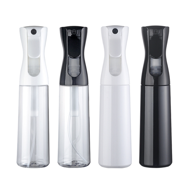 Custom 350ml Black White PET Continuous Mist Spray Bottle Indoor Cleaning And Hair Salon Barber